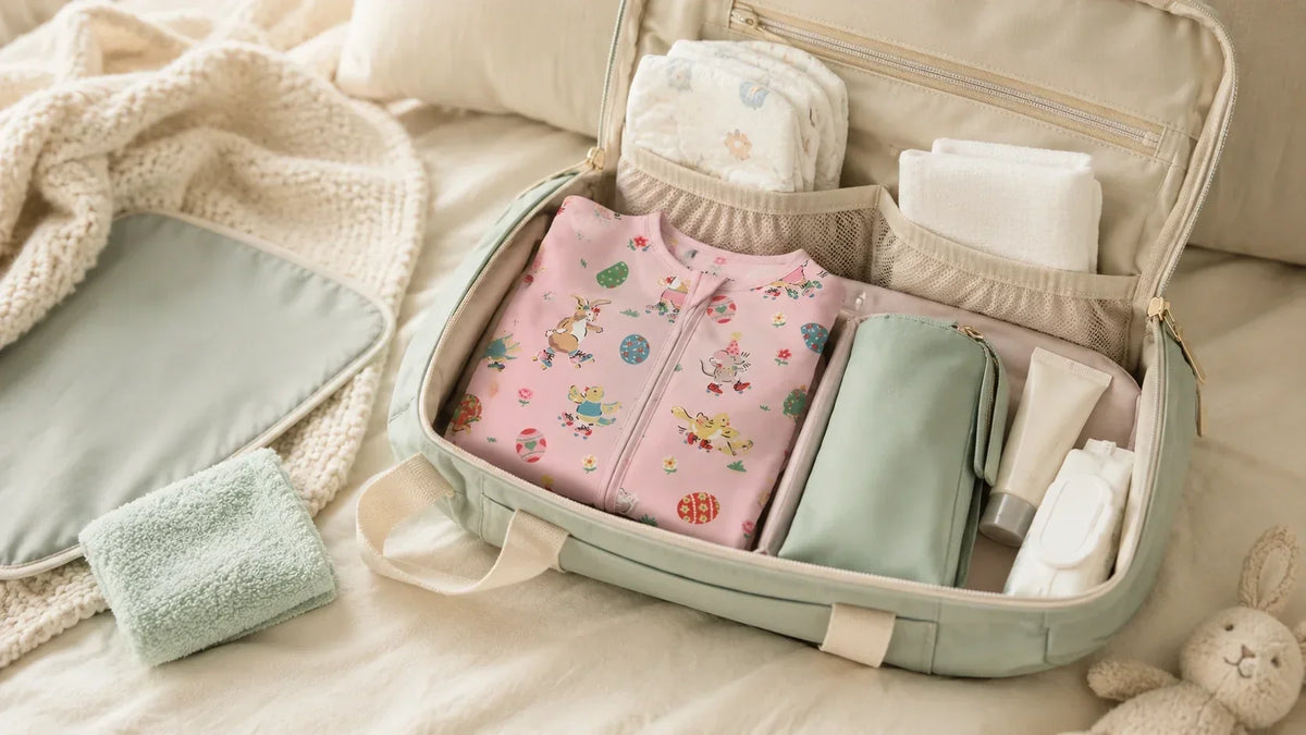 Travel diaper bag with backup baby clothes and changing essentials