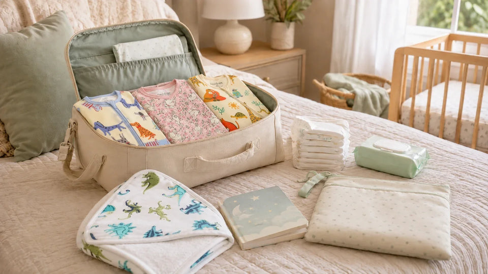 A baby overnight packing scene with zippy pajamas, a baby sleep sack, hooded bath towel, diapers, wipes, and wet bag for sleep and bath travel essentials.