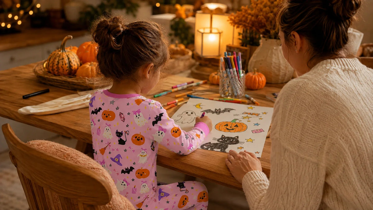 A child drawing Halloween pumpkins, ghosts, and a black cat beside a parent