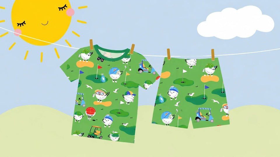 A soft nursery-style laundry scene showing printed bamboo pajamas hanging to dry in natural light, used as the hero image for a bamboo pajama washing and care guide.