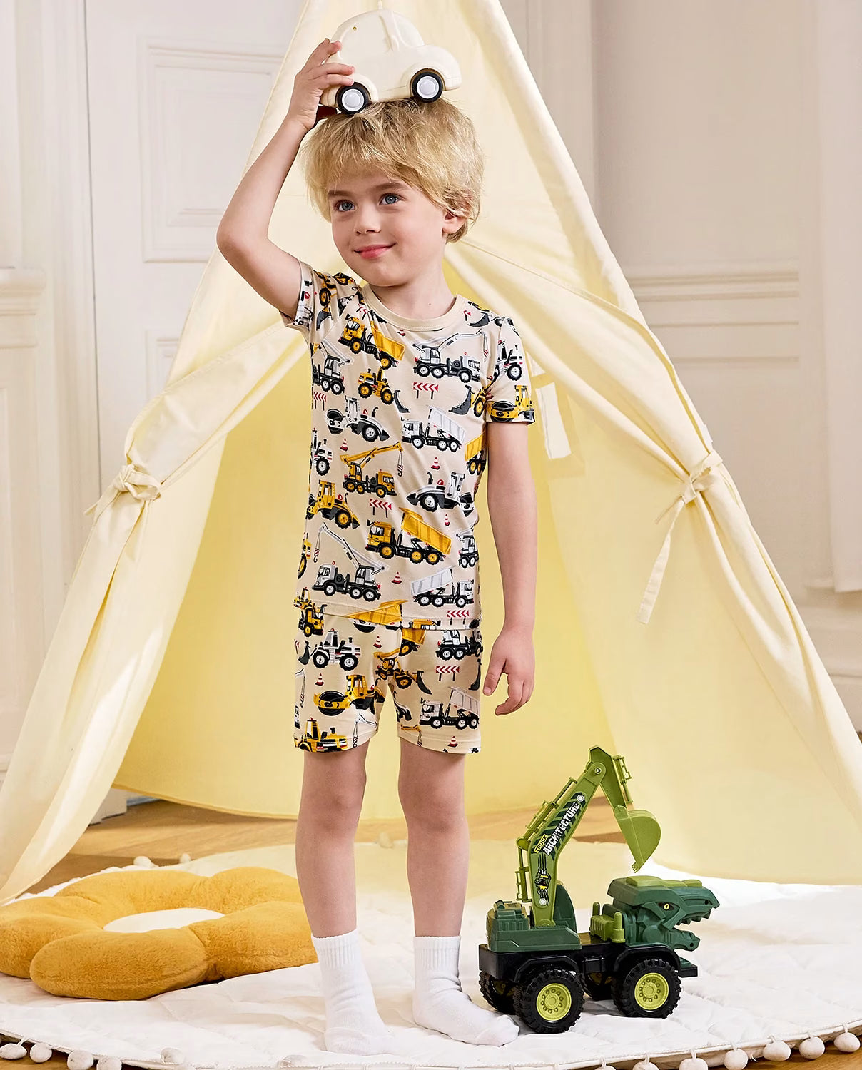 Digger Delights Short Two-Piece Pajama Set, Digger Delights bamboo short two piece pjs lifestyle 01