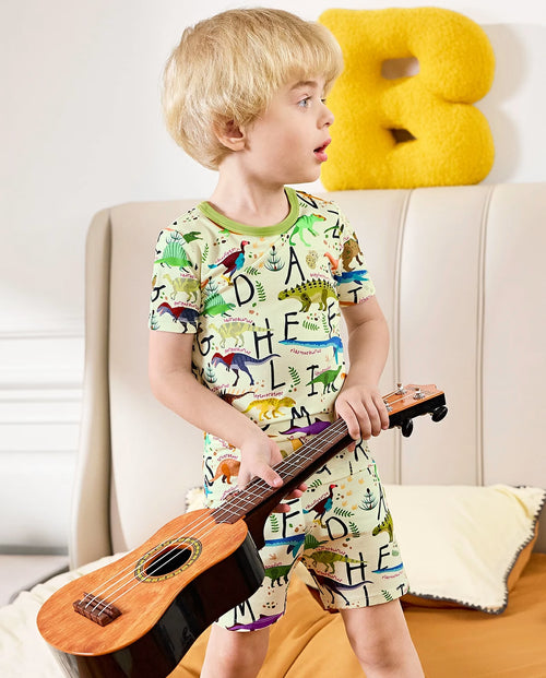 Dino Handbook Short Two-Piece Pajama Set, Dino Handbook bamboo short two piece pjs lifestyle 06