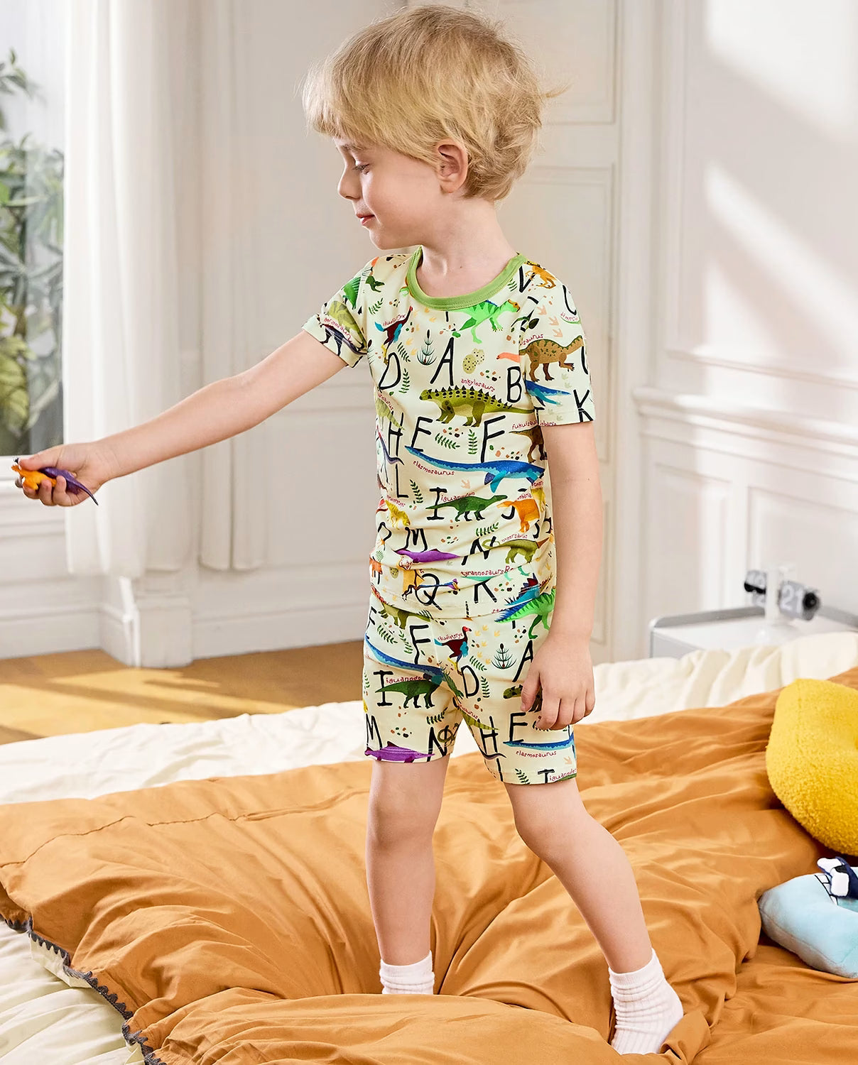 Dino Handbook Short Two-Piece Pajama Set, Dino Handbook bamboo short two piece pjs lifestyle 09