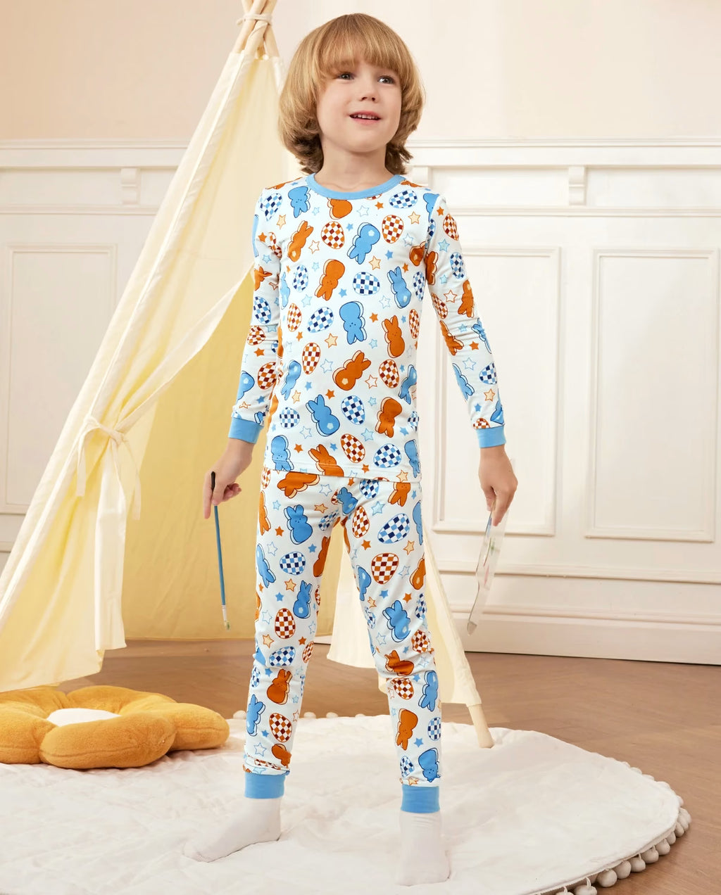 Easter Eggs Long Two-Piece Pajama Set, Easter Bunny bamboo long two piece pjs lifestyle 01 1