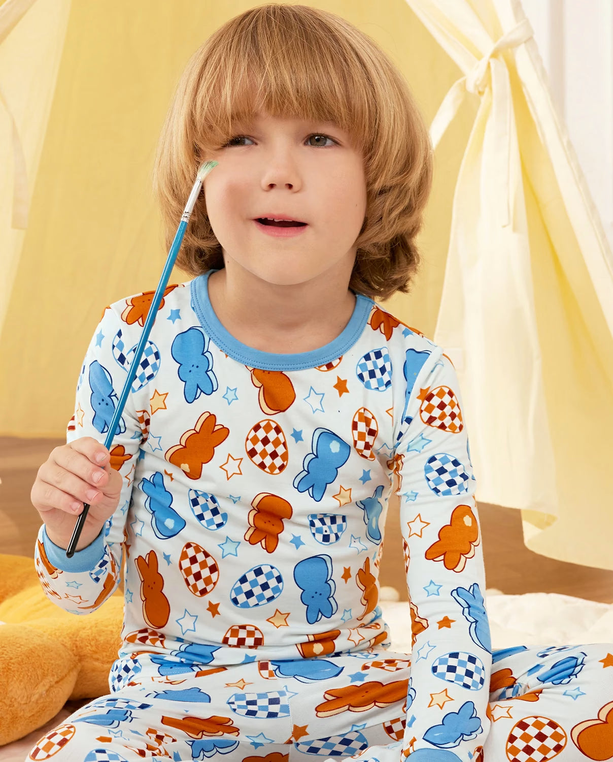 Easter Eggs Long Two-Piece Pajama Set, Easter Bunny bamboo long two piece pjs lifestyle 02 1
