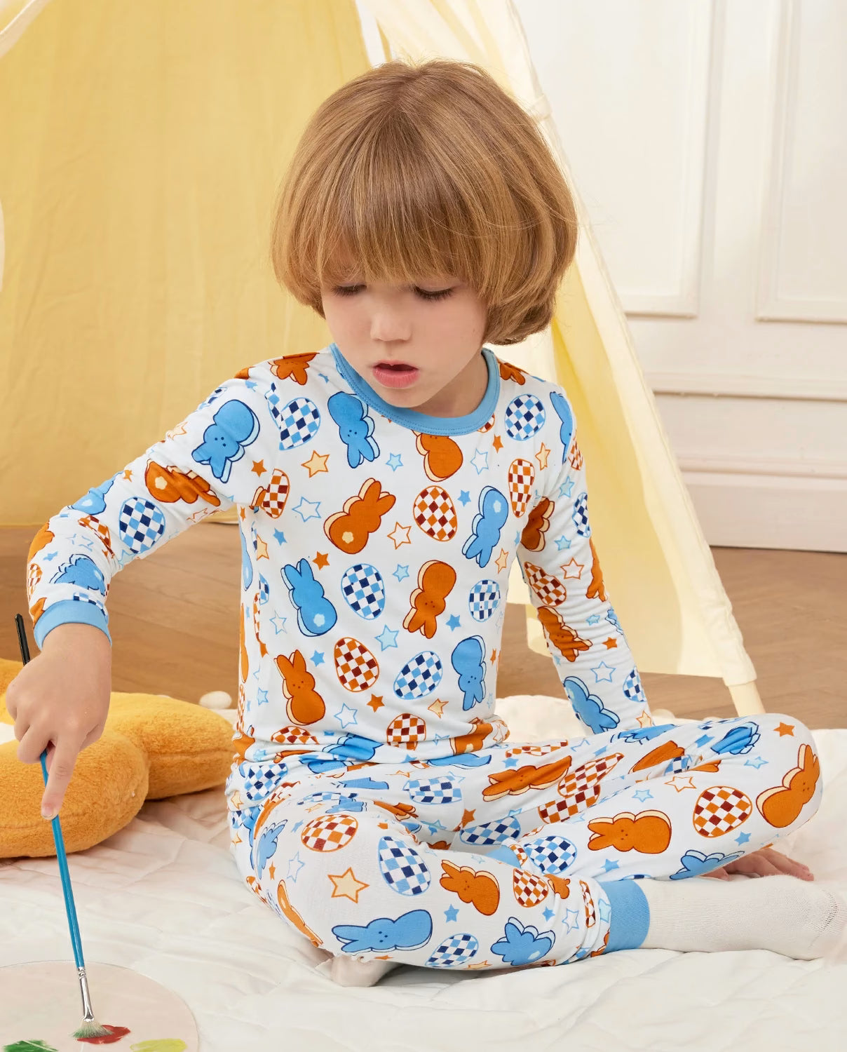 Easter Eggs Long Two-Piece Pajama Set, Easter Bunny bamboo long two piece pjs lifestyle 03 1