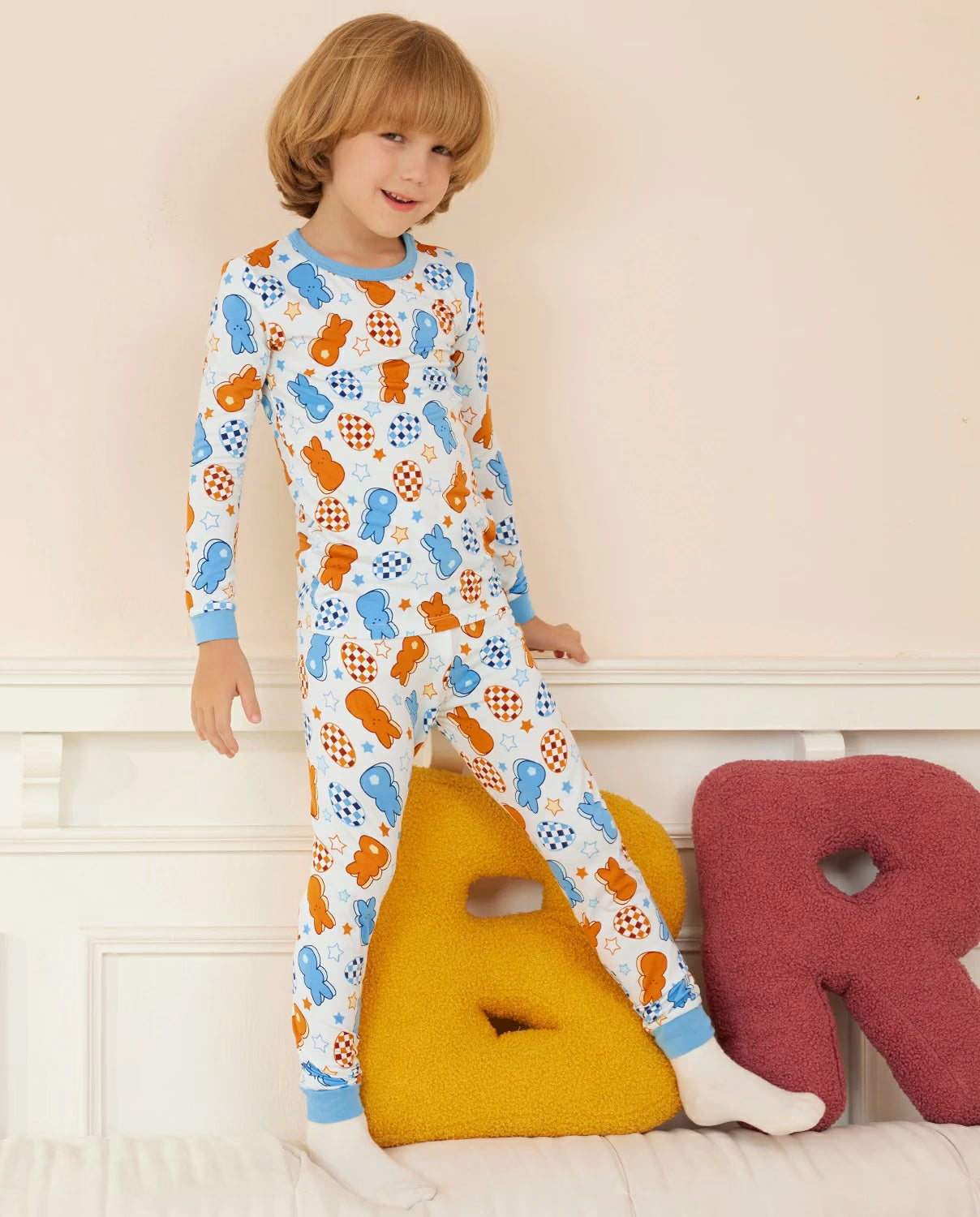Easter Eggs Long Two-Piece Pajama Set, Easter Bunny bamboo long two piece pjs lifestyle 08 1