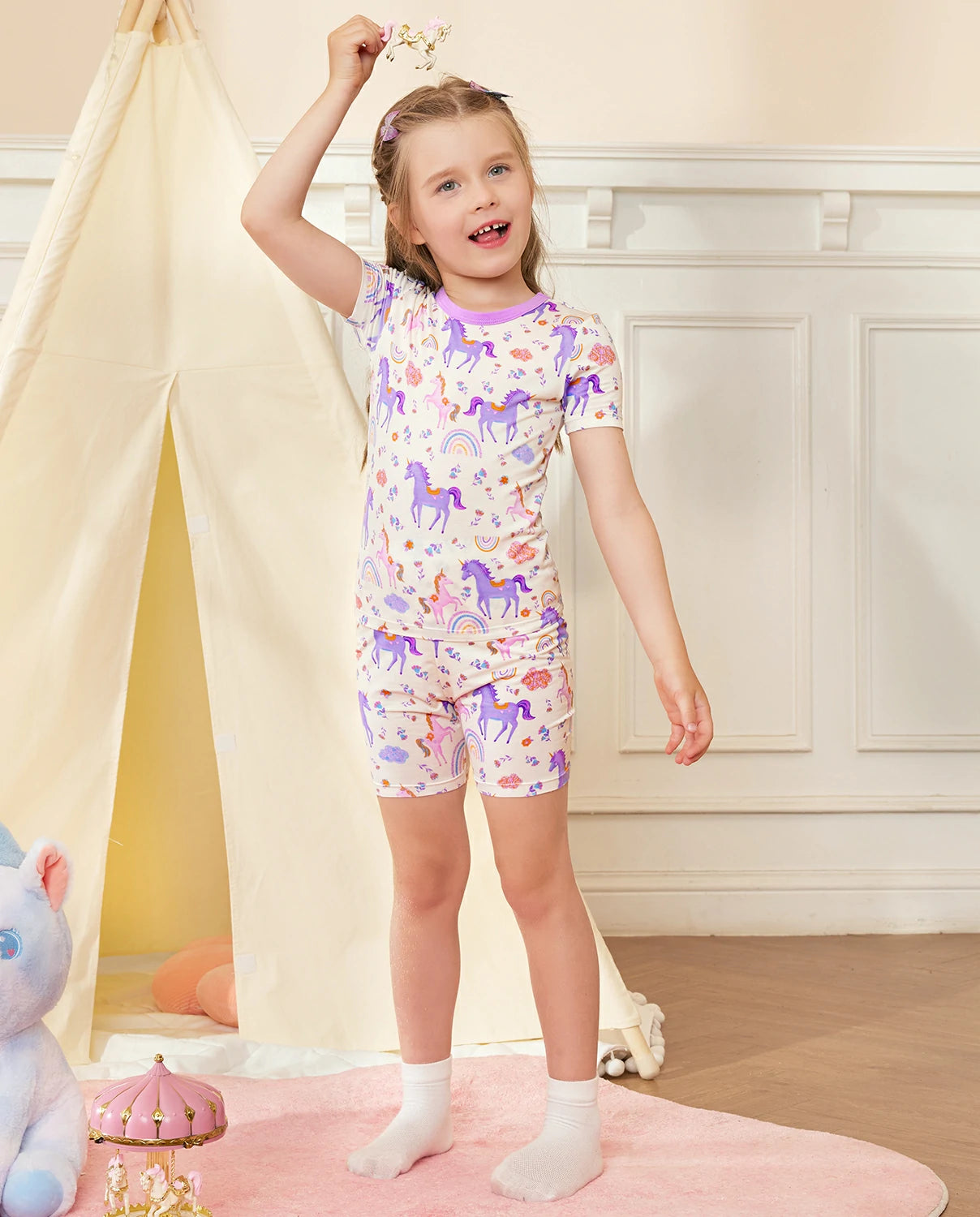 Lavender Unicorn Short Two-Piece Pajama Set - child wearing the short pajamas, full-length front view