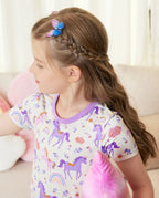 Lavender Unicorn Short Two-Piece Pajama Set - close-up side view of the unicorn print pajama top