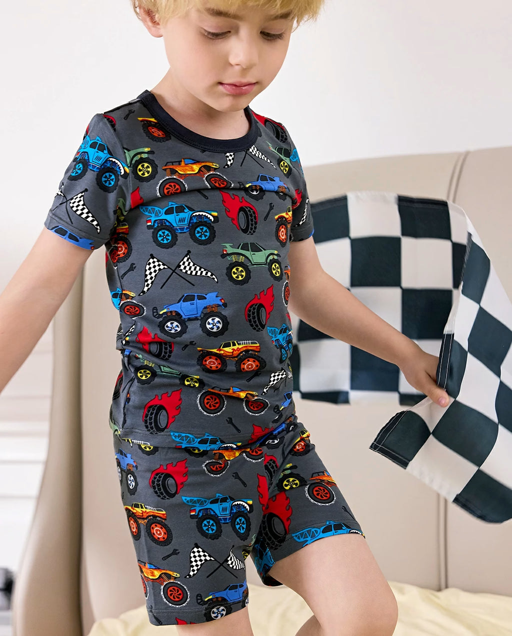 Monster Truck Short Two-Piece Pajama Set, Monster Truck bamboo long two piece pjs lifestyle 02