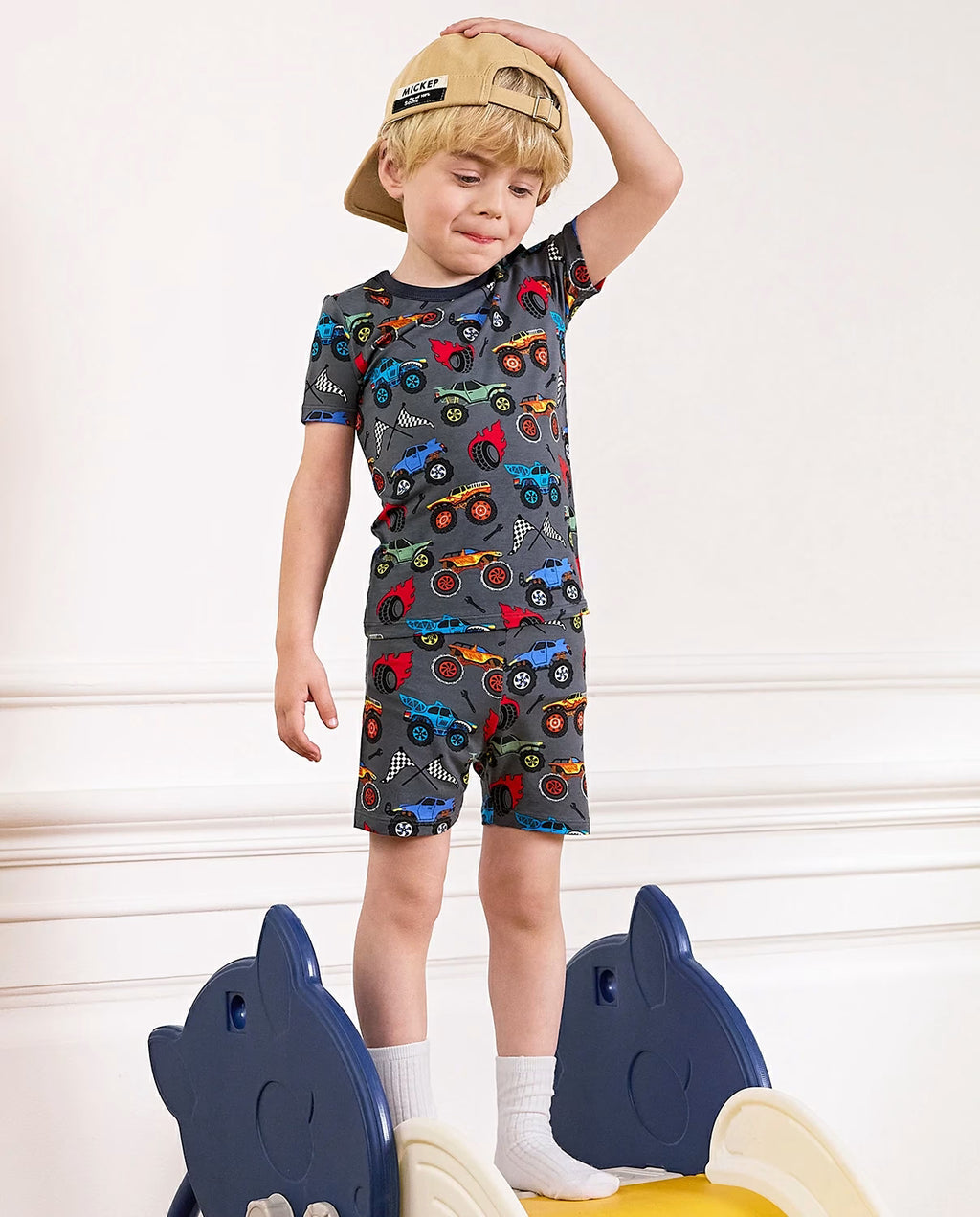 Monster Truck Short Two-Piece Pajama Set, Monster Truck bamboo long two piece pjs lifestyle 03