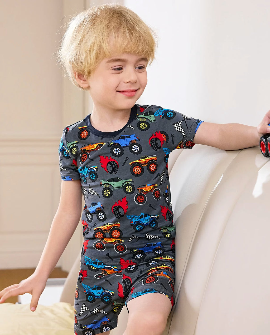 Monster Truck Short Two-Piece Pajama Set, Monster Truck bamboo long two piece pjs lifestyle 04