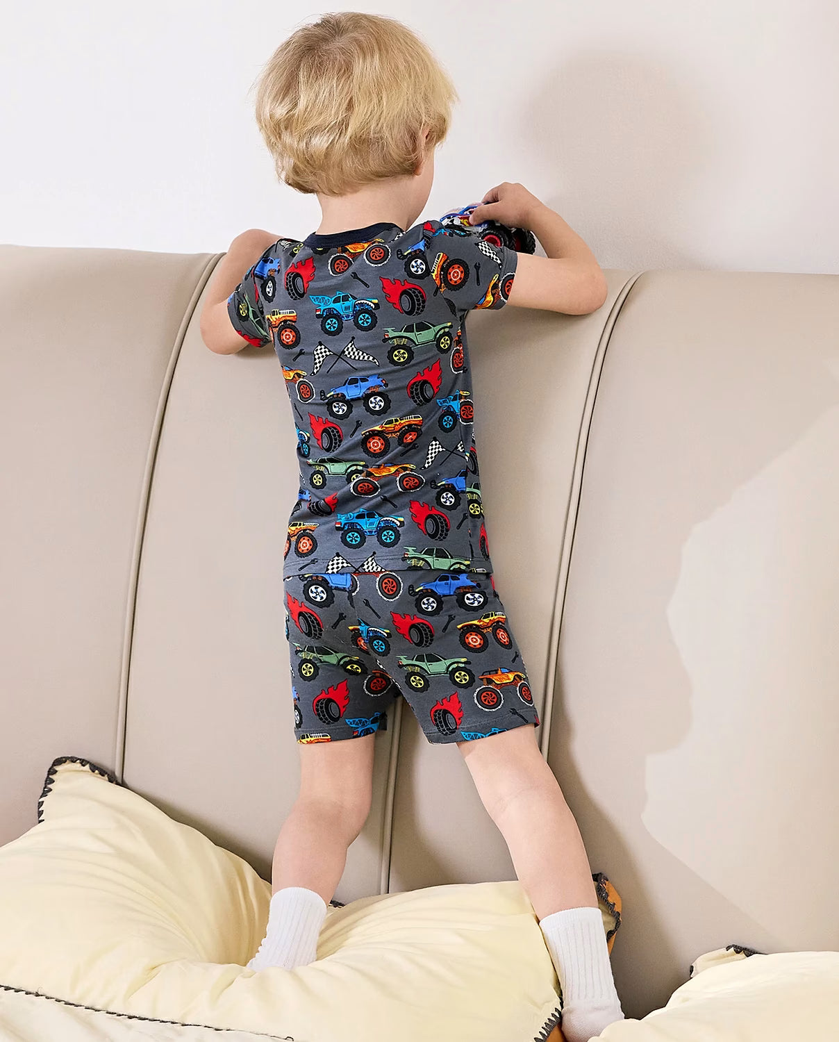 Monster Truck Short Two-Piece Pajama Set, Monster Truck bamboo long two piece pjs lifestyle 05