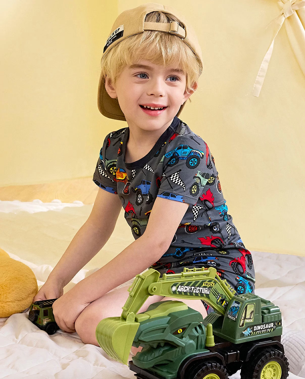 Monster Truck Short Two-Piece Pajama Set, Monster Truck bamboo long two piece pjs lifestyle 09
