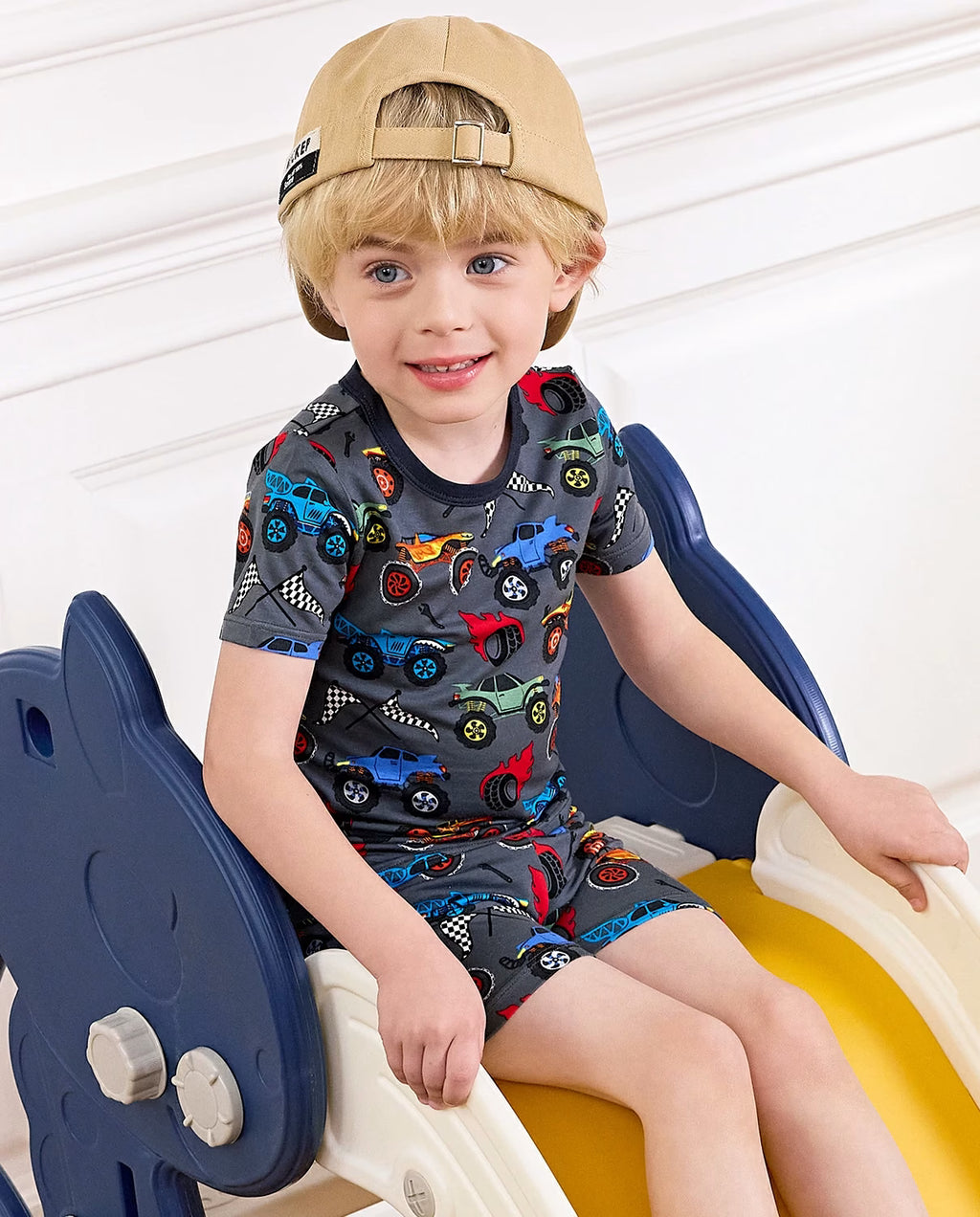 Monster Truck Short Two-Piece Pajama Set, Monster Truck bamboo long two piece pjs lifestyle 10