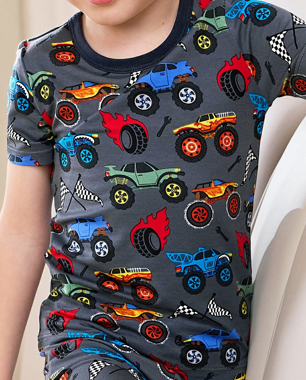 Monster Truck Short Two-Piece Pajama Set, Monster Truck bamboo long two piece pjs lifestyle 11