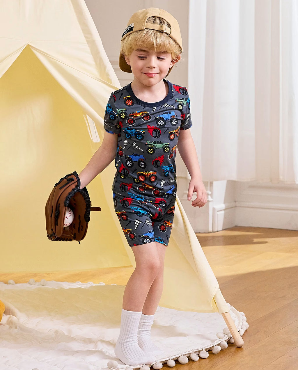 Monster Truck Short Two-Piece Pajama Set, Monster Truck bamboo long two piece pjs lifestyle 12