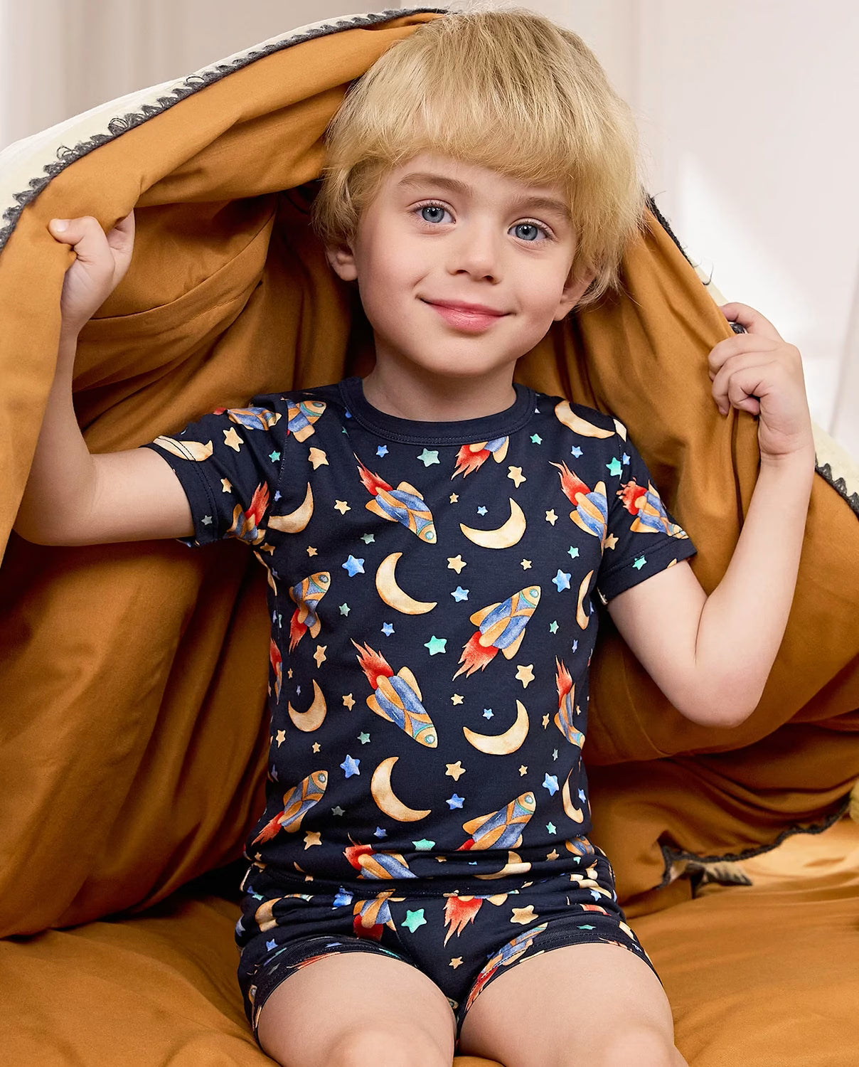 Moonlit Voyage Short Two-Piece Pajama Set, Moonlit Voyage bamboo short two piece pjs lifestyle 03