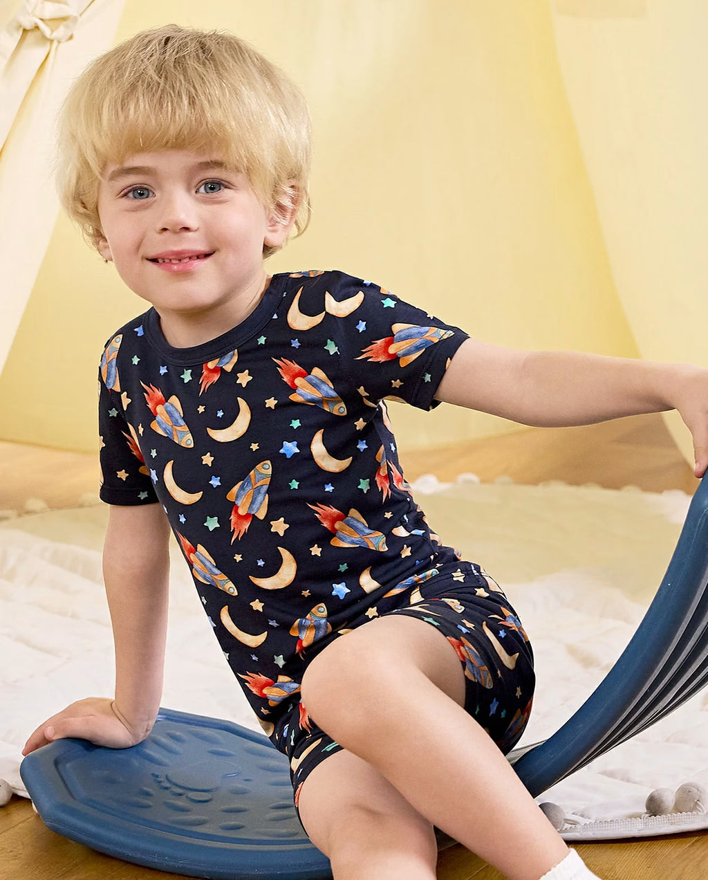 Moonlit Voyage Short Two-Piece Pajama Set, Moonlit Voyage bamboo short two piece pjs lifestyle 05