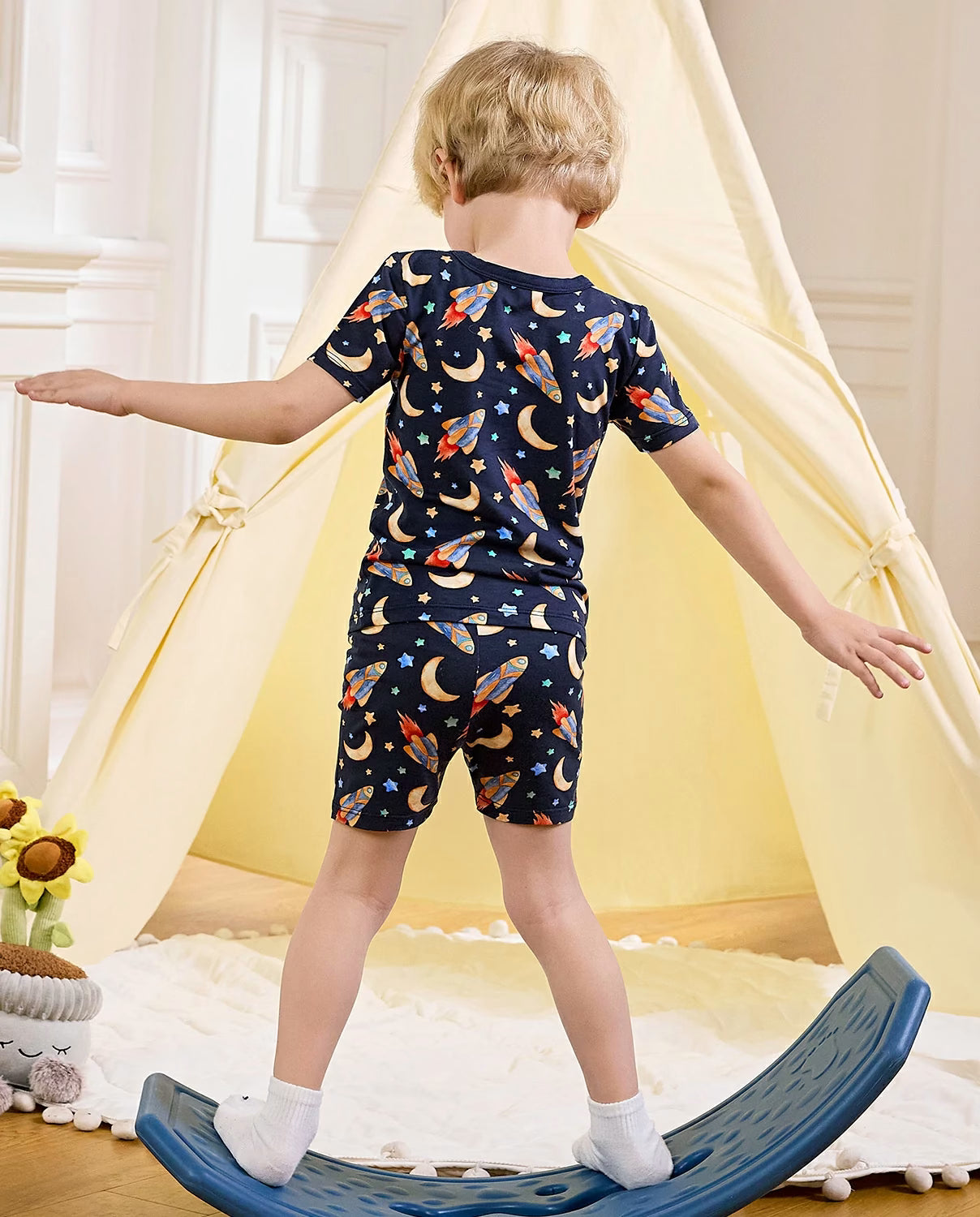 Moonlit Voyage Short Two-Piece Pajama Set, Moonlit Voyage bamboo short two piece pjs lifestyle 06