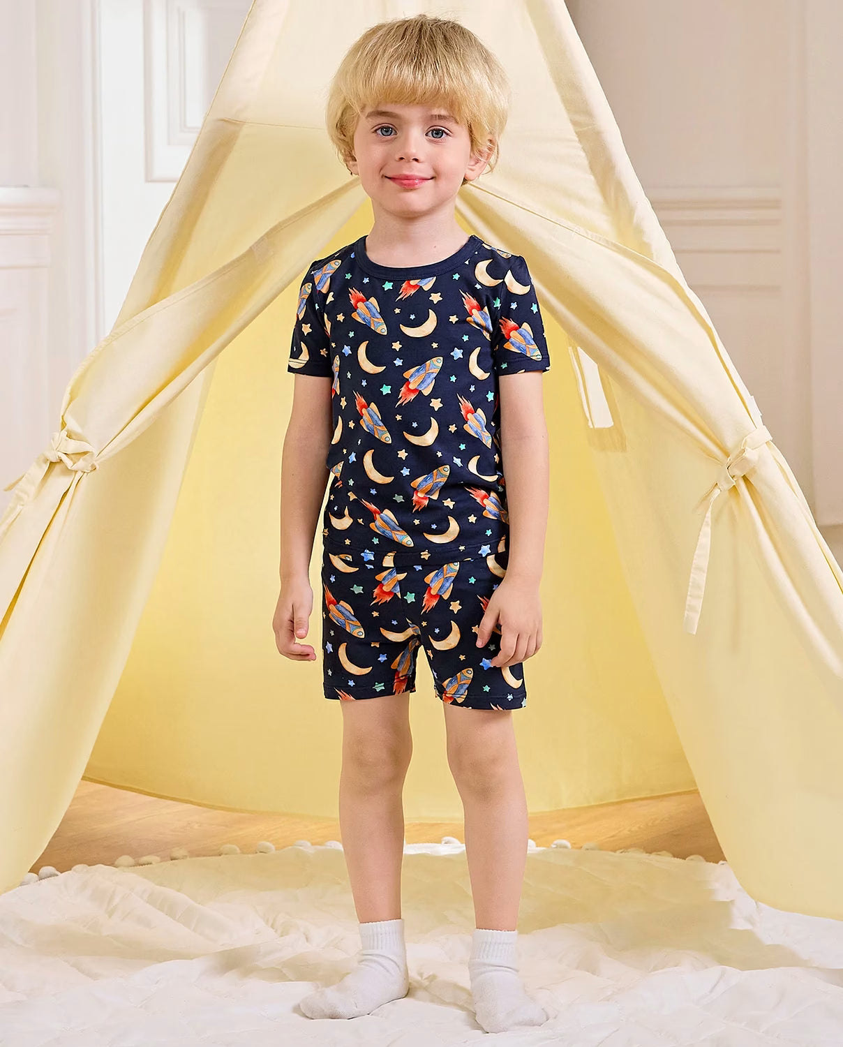 Moonlit Voyage Short Two-Piece Pajama Set, Moonlit Voyage bamboo short two piece pjs lifestyle 08