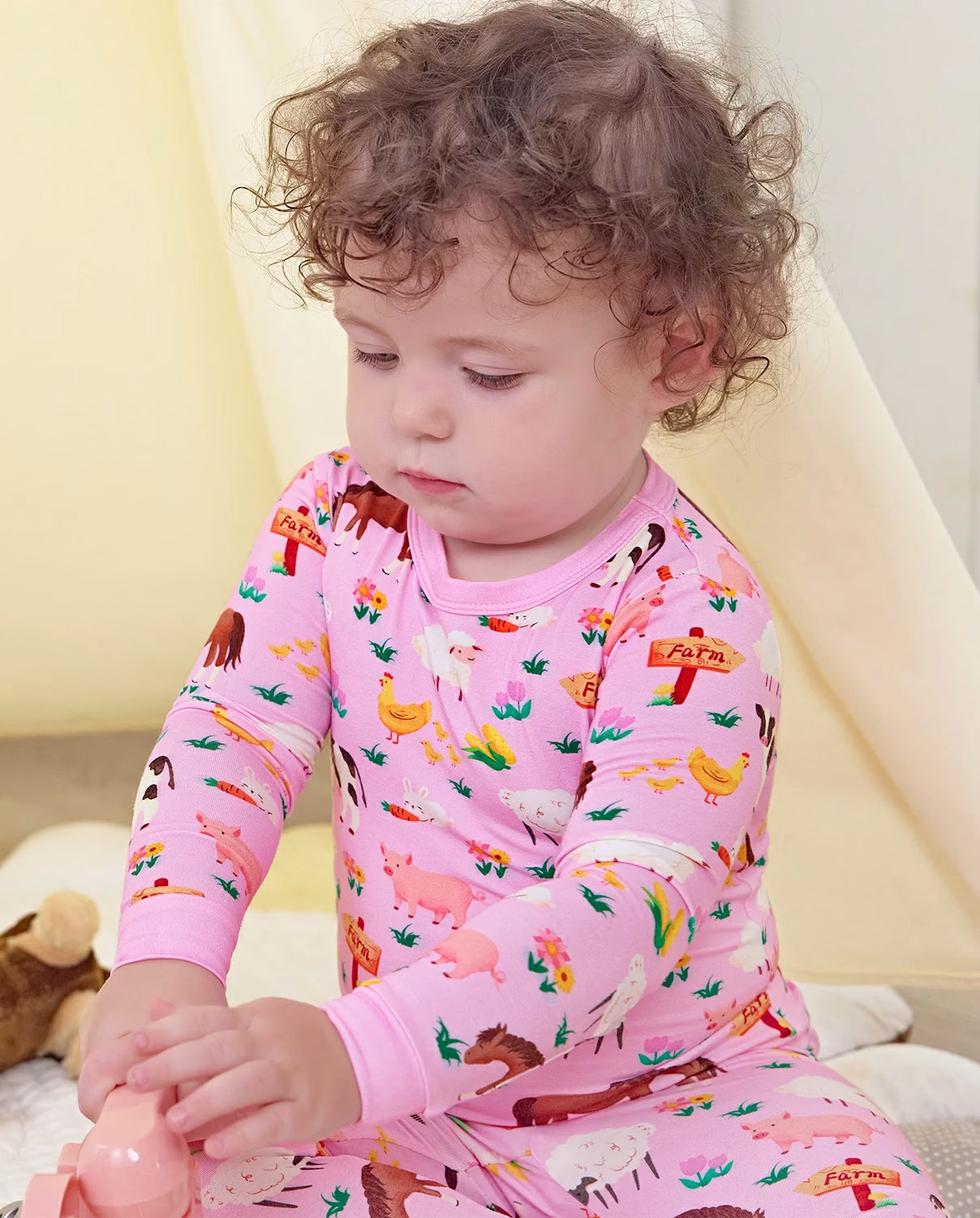 Pink Barnyard Long Two-Piece Pajama Set, Pink Barnyard bamboo long two piece pjs lifestyle 08