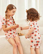 Pink Strawberry Short Two-Piece Pajama Set, Pink Strawberry bamboo short two piece pjs lifestyle 01