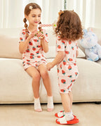 Pink Strawberry Short Two-Piece Pajama Set, Pink Strawberry bamboo short two piece pjs lifestyle 02