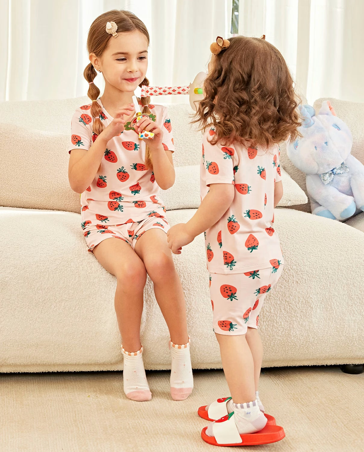 Pink Strawberry Short Two-Piece Pajama Set, Pink Strawberry bamboo short two piece pjs lifestyle 02