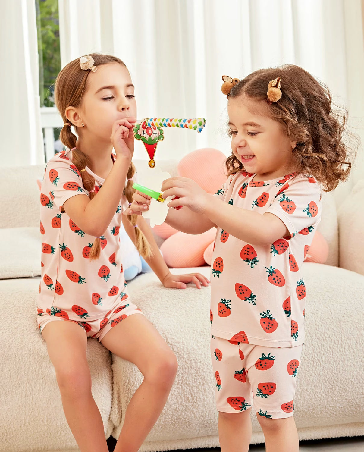 Pink Strawberry Short Two-Piece Pajama Set, Pink Strawberry bamboo short two piece pjs lifestyle 03