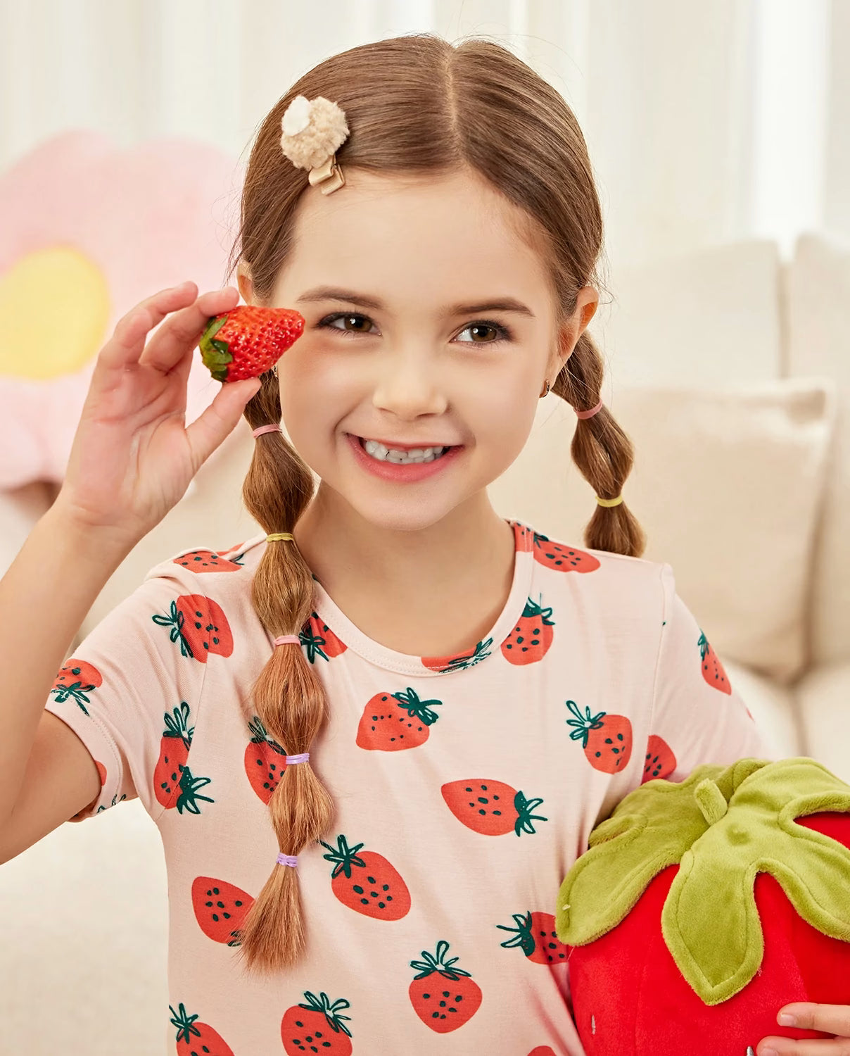 Pink Strawberry Short Two-Piece Pajama Set, Pink Strawberry bamboo short two piece pjs lifestyle 04
