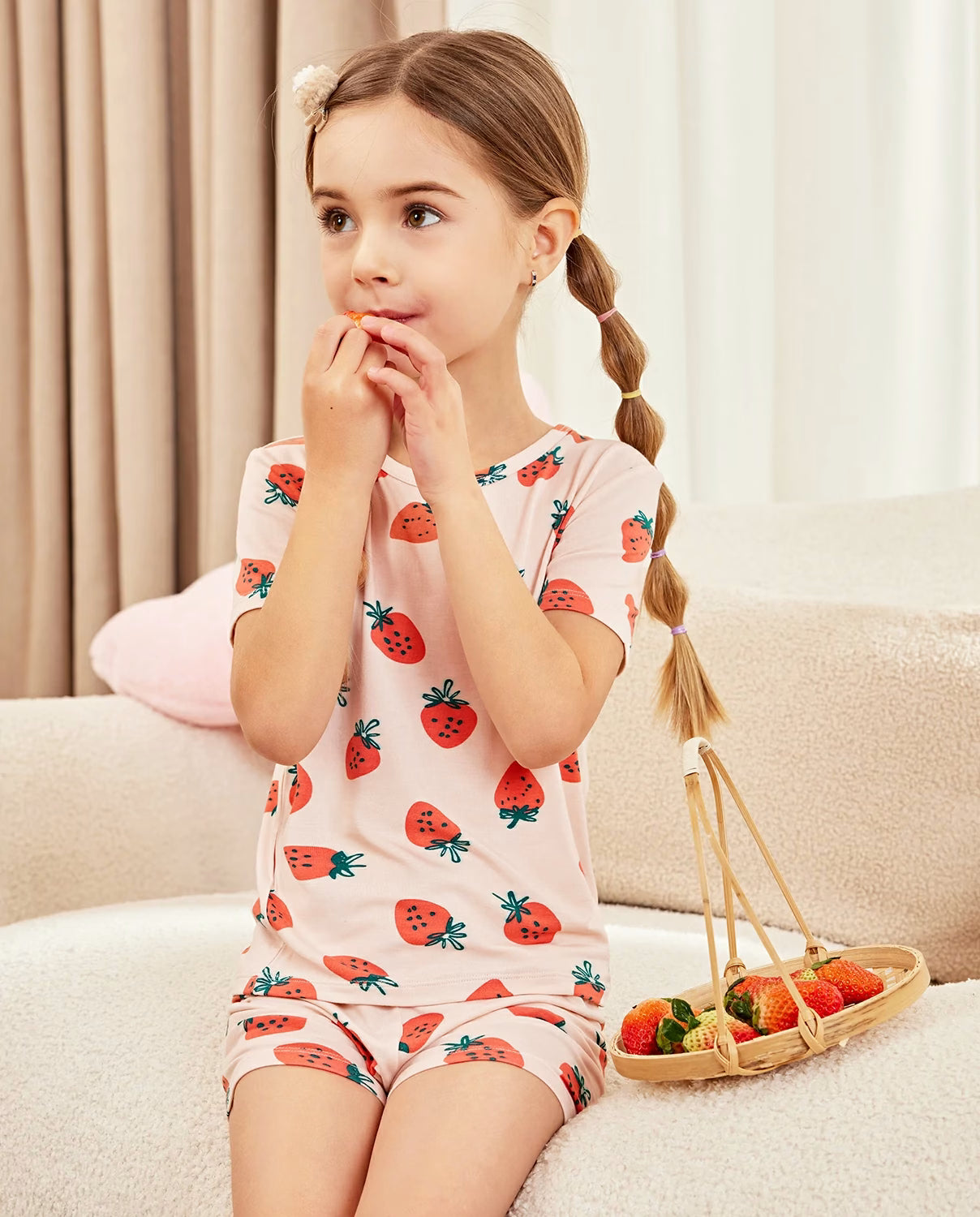Pink Strawberry Short Two-Piece Pajama Set, Pink Strawberry bamboo short two piece pjs lifestyle 06