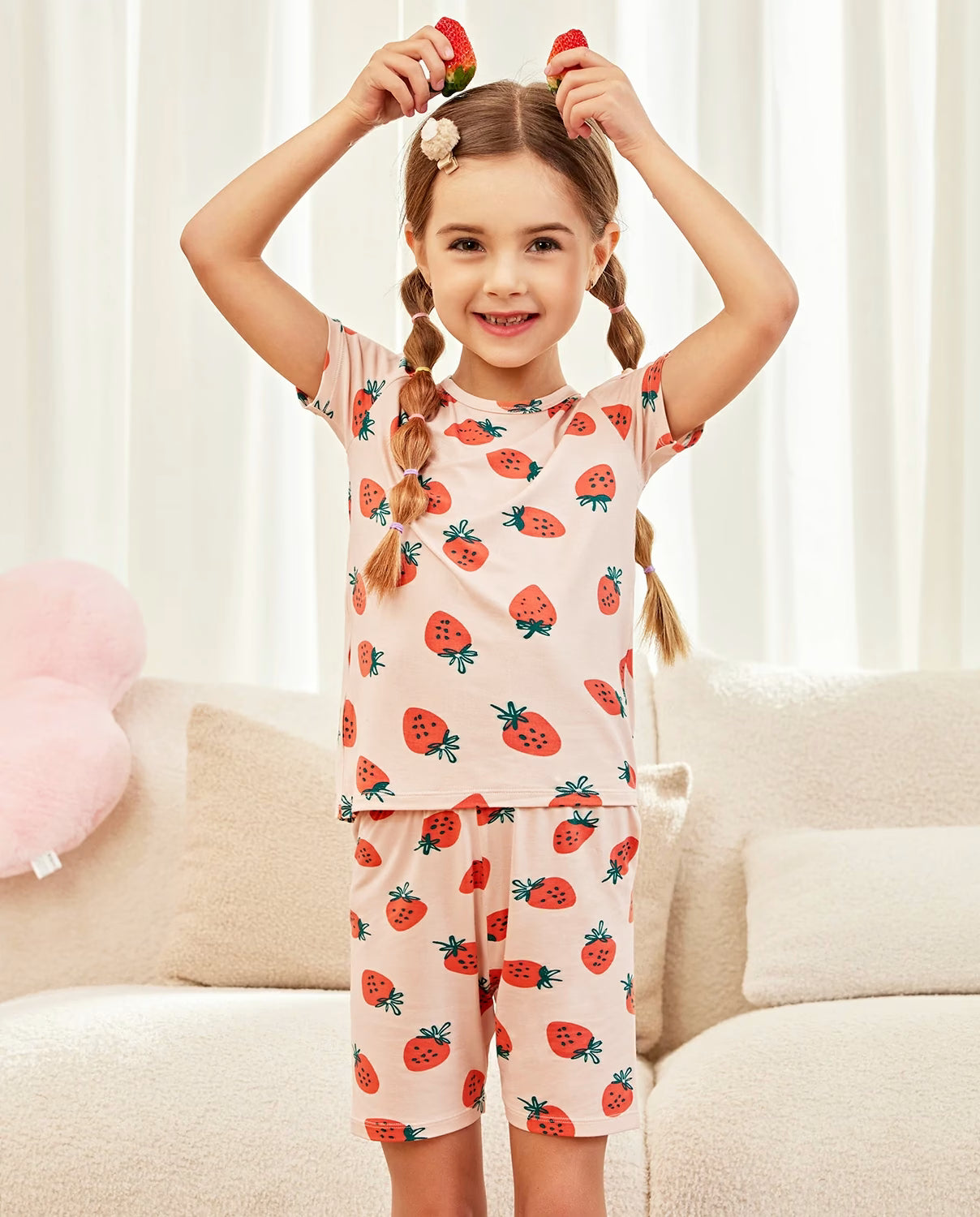 Pink Strawberry Short Two-Piece Pajama Set, Pink Strawberry bamboo short two piece pjs lifestyle 07