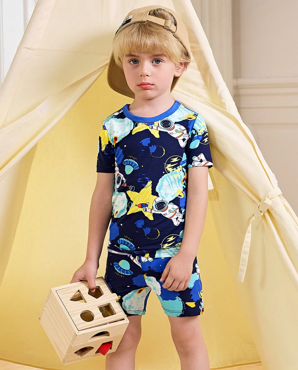 Space Walk Short Two-Piece Pajama Set, Space Walk bamboo short two piece pjs lifestyle 01