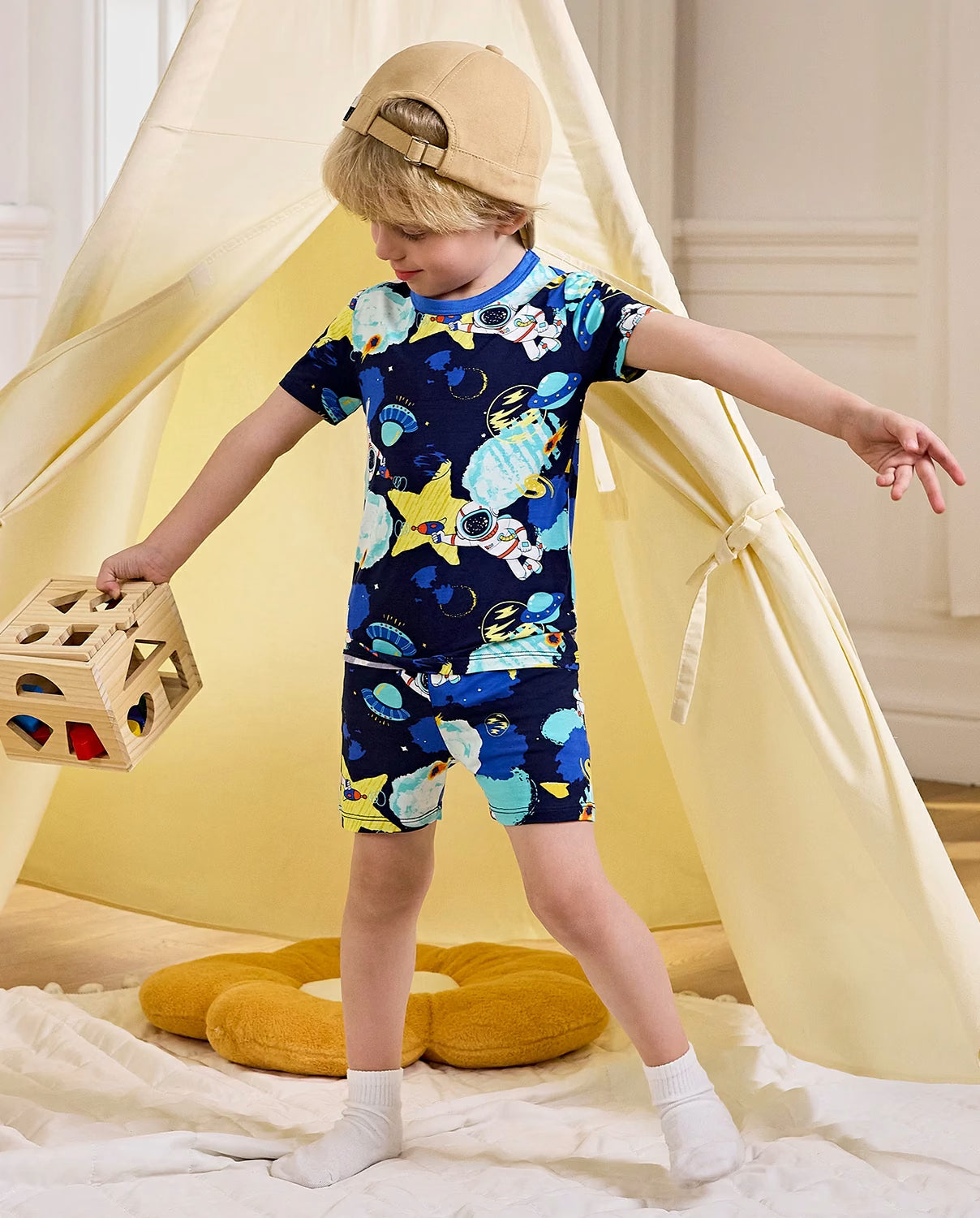 Space Walk Short Two-Piece Pajama Set, Space Walk bamboo short two piece pjs lifestyle 04