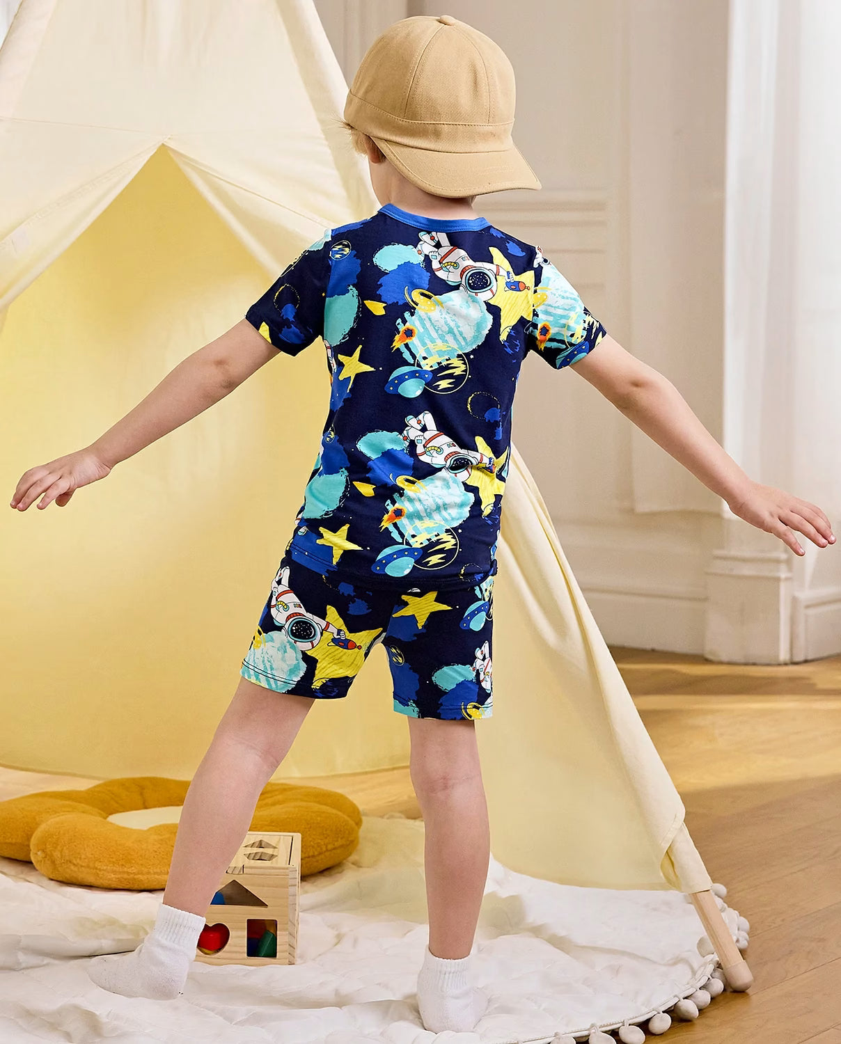 Space Walk Short Two-Piece Pajama Set, Space Walk bamboo short two piece pjs lifestyle 07