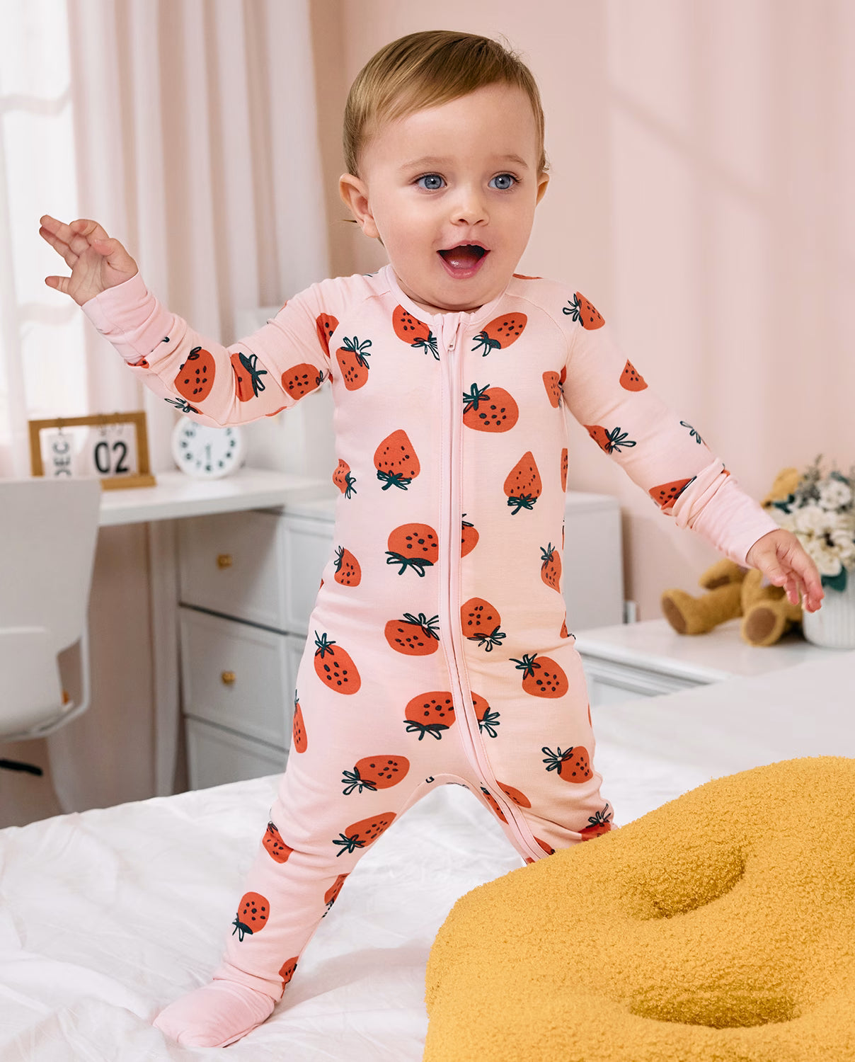 Pink Strawberry Bamboo Zippy, abee reshinee pink strawberry bamboo zippy 02 baby standing lifestyle