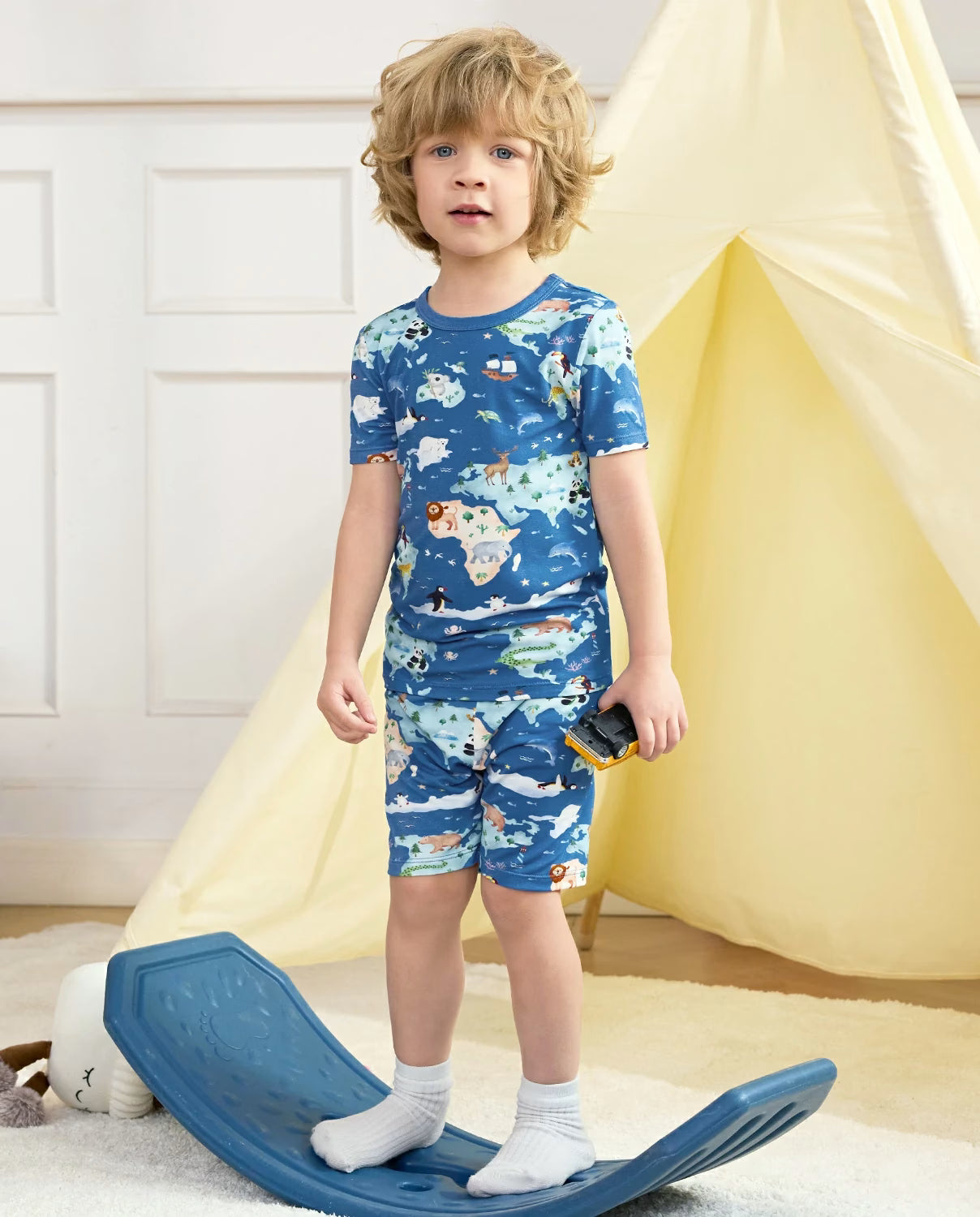Animal Map Short Two-Piece Pajama Set, animal map bamboo short two piece pjs lifestyle 03
