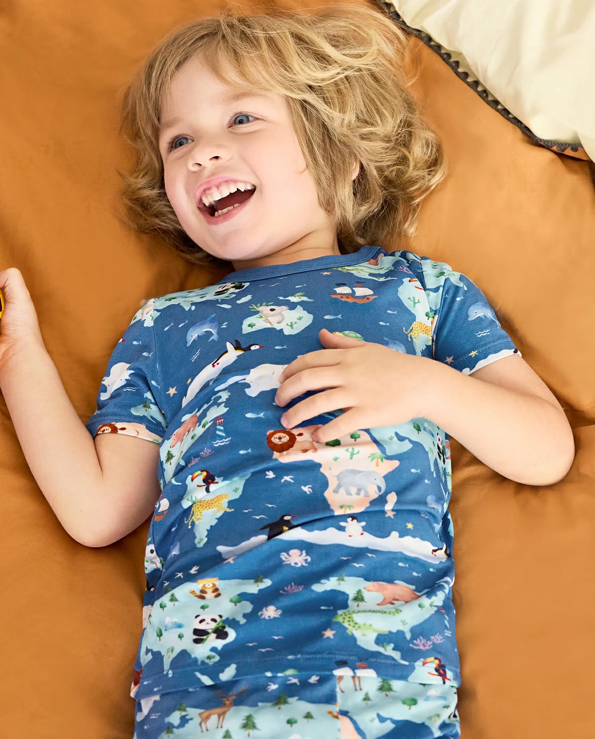 Animal Map Short Two-Piece Pajama Set, animal map bamboo short two piece pjs lifestyle 04