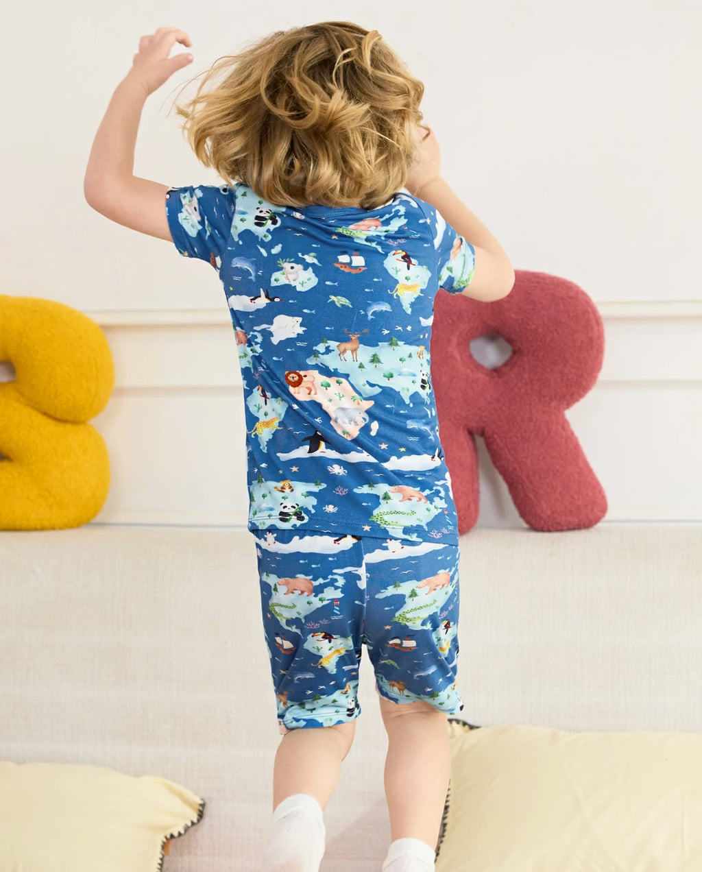 Animal Map Short Two-Piece Pajama Set, animal map bamboo short two piece pjs lifestyle 07