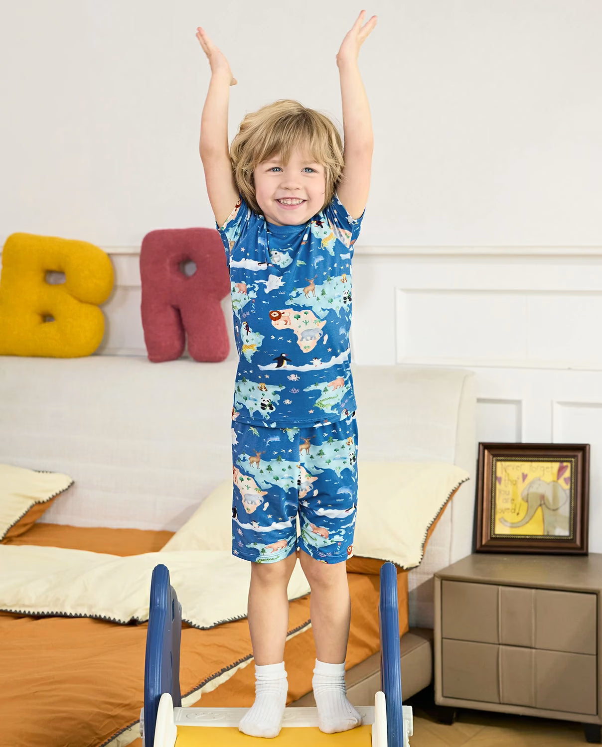 Animal Map Short Two-Piece Pajama Set, animal map bamboo short two piece pjs lifestyle 09