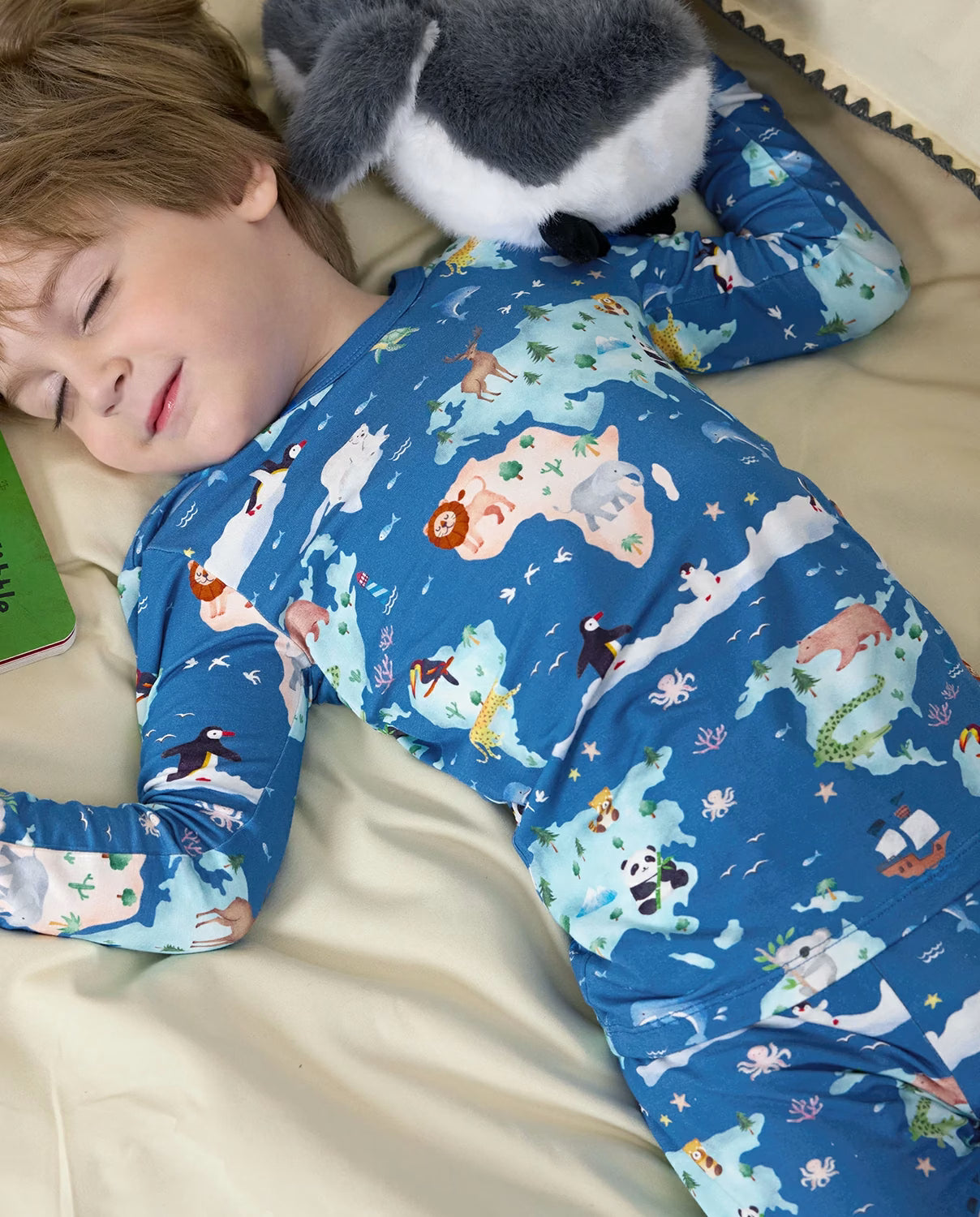 Animal Map Long Two-Piece Pajama Set, animal map bamboo two piece pjs lifestyle 1