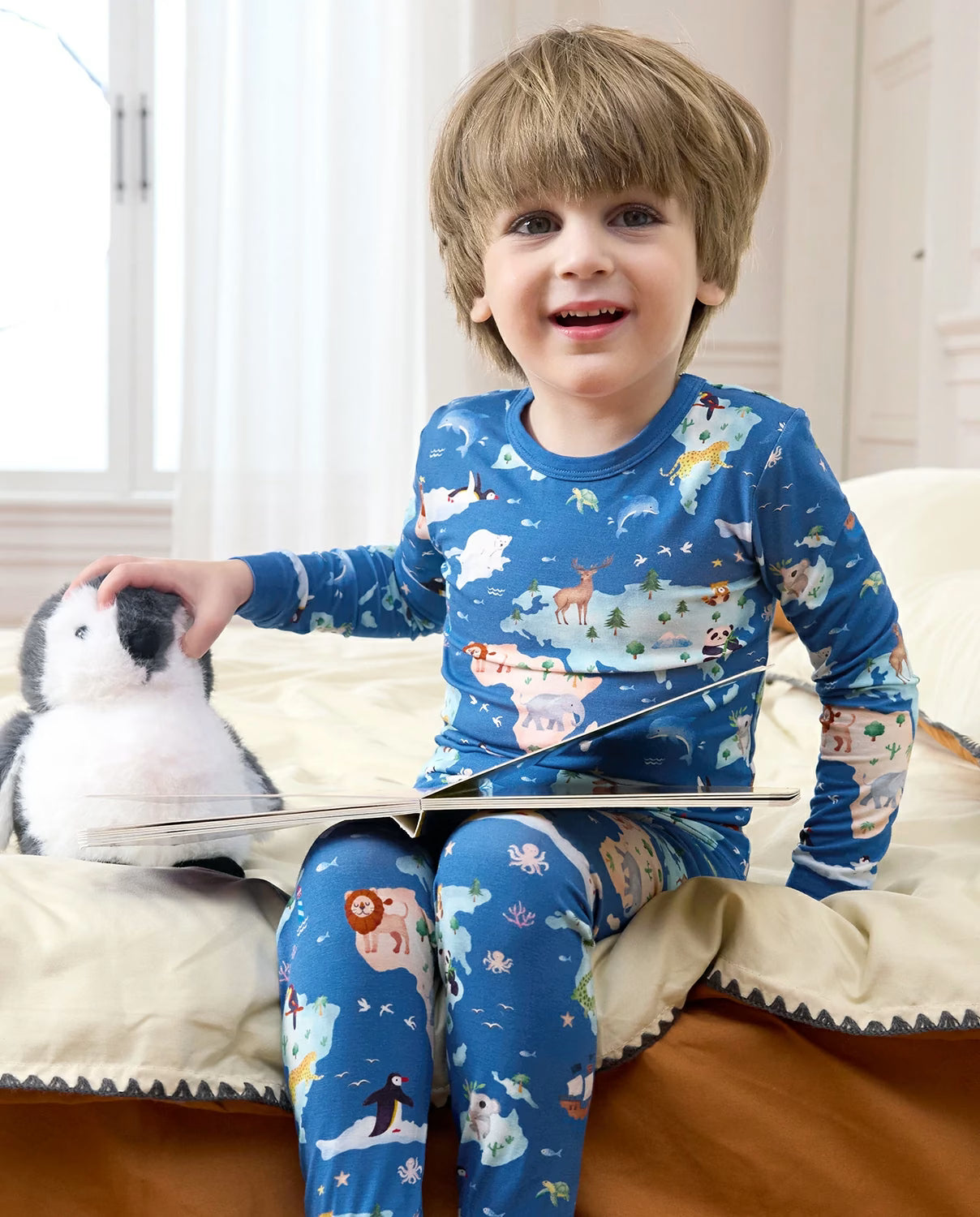 Animal Map Long Two-Piece Pajama Set, animal map bamboo two piece pjs lifestyle 2