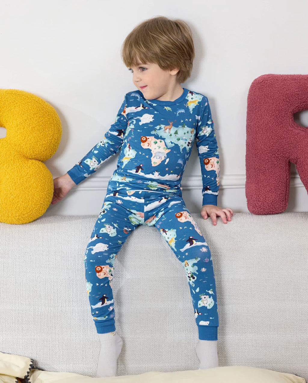 Animal Map Long Two-Piece Pajama Set, animal map bamboo two piece pjs lifestyle 3