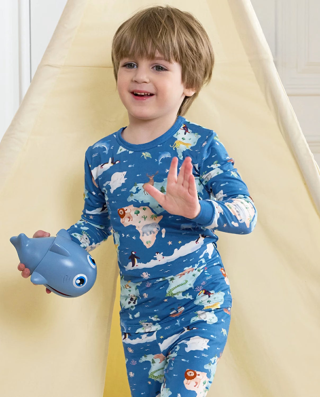 Animal Map Long Two-Piece Pajama Set, animal map bamboo two piece pjs lifestyle 5