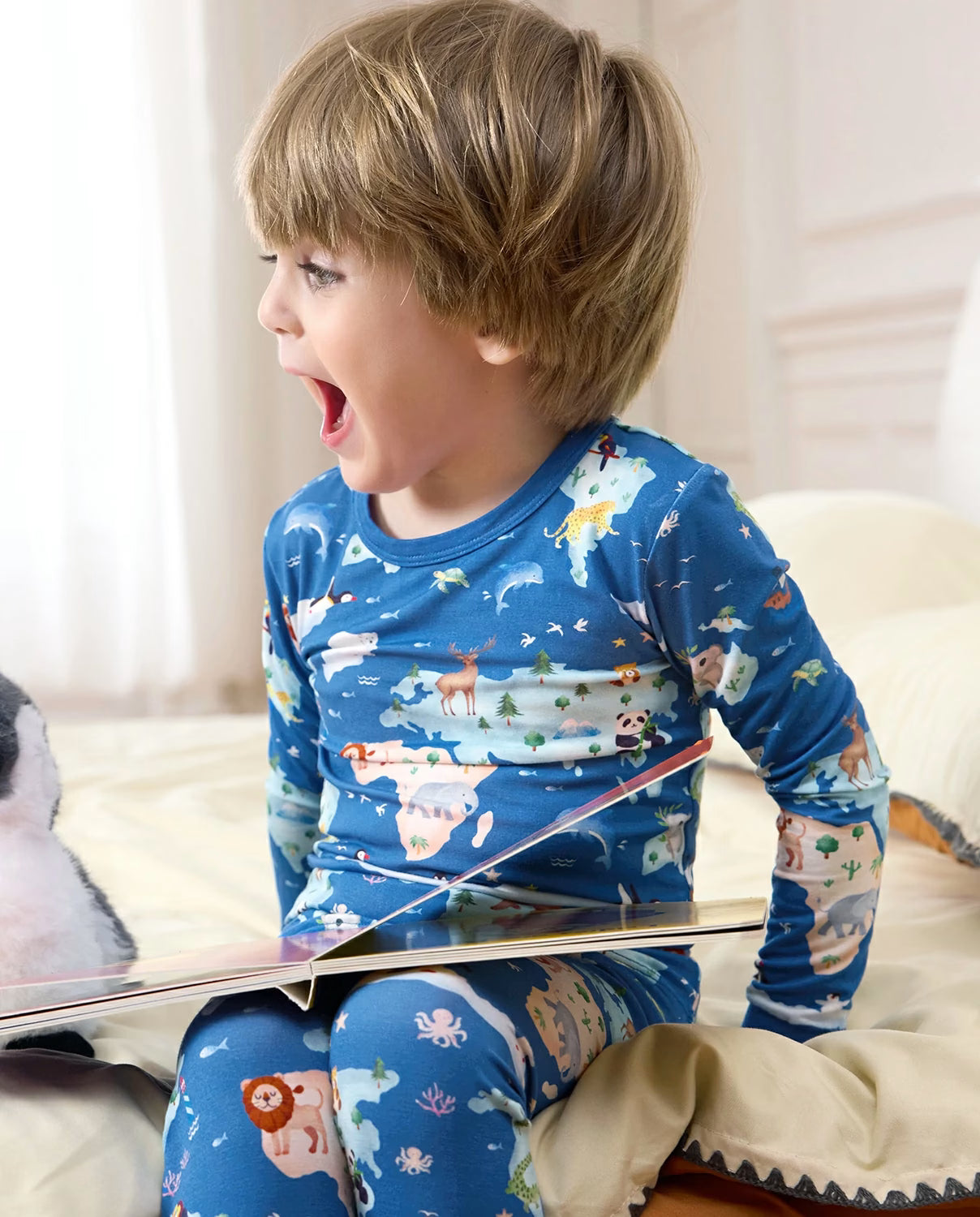 Animal Map Long Two-Piece Pajama Set, animal map bamboo two piece pjs lifestyle 8