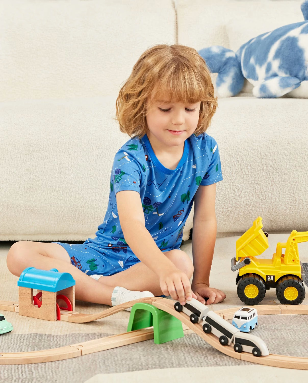 AzureCar Tracks Short Two-Piece Pajama Set, azurecar tracks bamboo short two piece pjs lifestyle 01