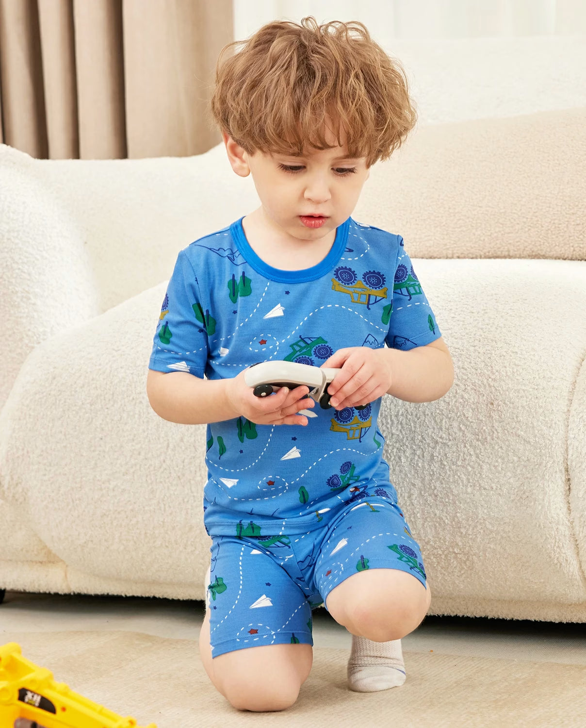 AzureCar Tracks Short Two-Piece Pajama Set, azurecar tracks bamboo short two piece pjs lifestyle 02