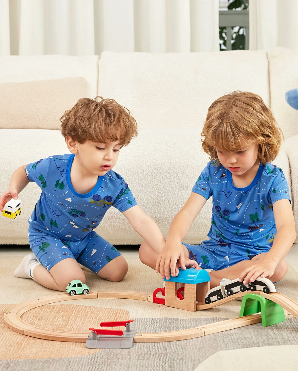 AzureCar Tracks Short Two-Piece Pajama Set, azurecar tracks bamboo short two piece pjs lifestyle 03