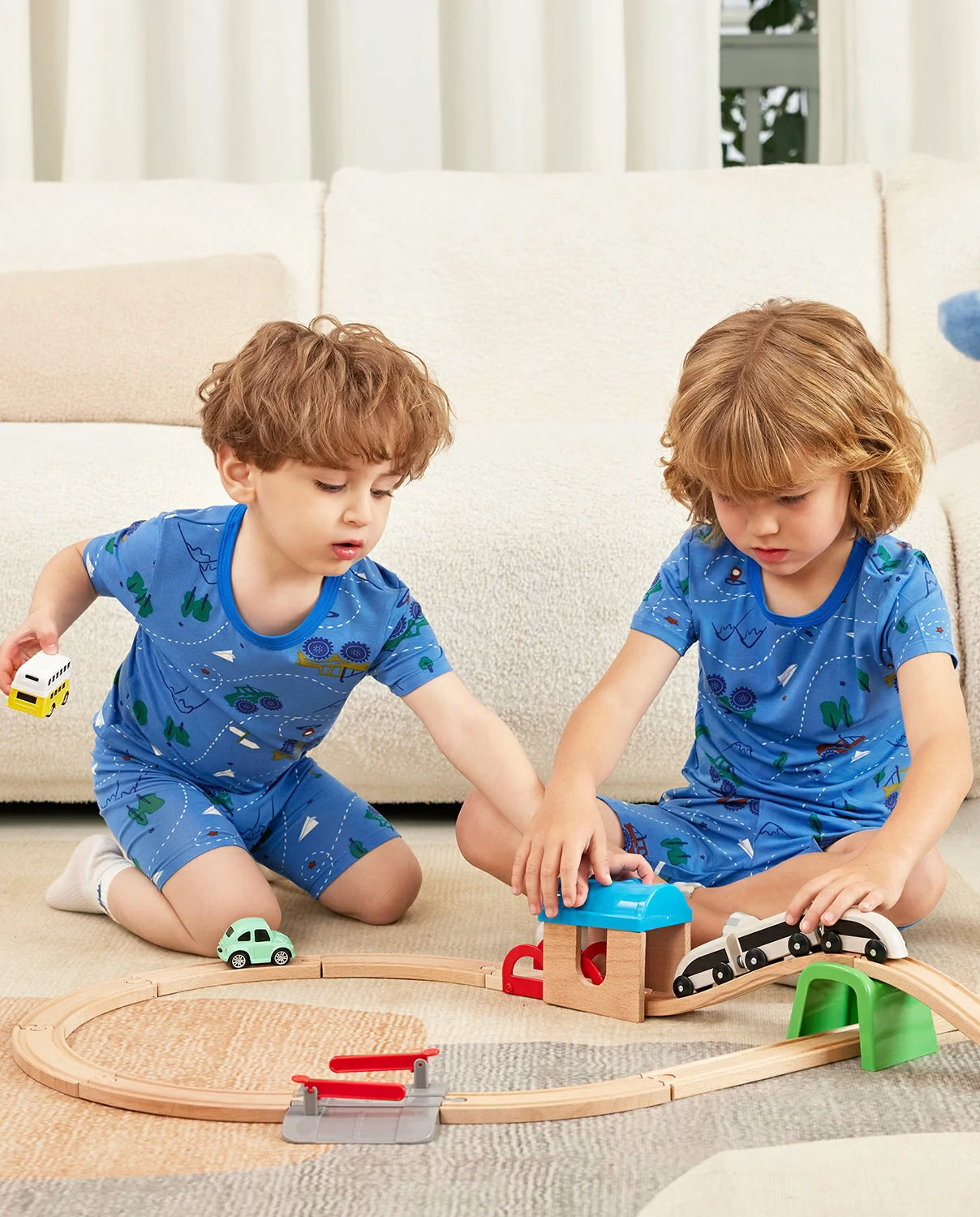 AzureCar Tracks Short Two-Piece Pajama Set, azurecar tracks bamboo short two piece pjs lifestyle 03
